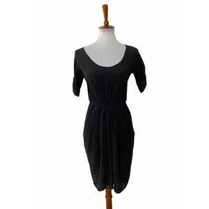 Aritzia Babaton Silk Pullover Cinched Waist Dress Pockets Short Sleeve Black XS
